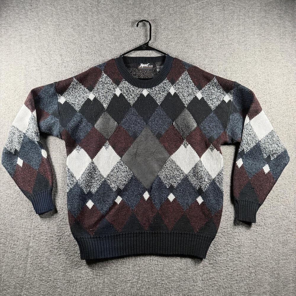 Vintage Impact Sweater Mens XL Black Geometric Leather Trim Cardigan 90s Y2K